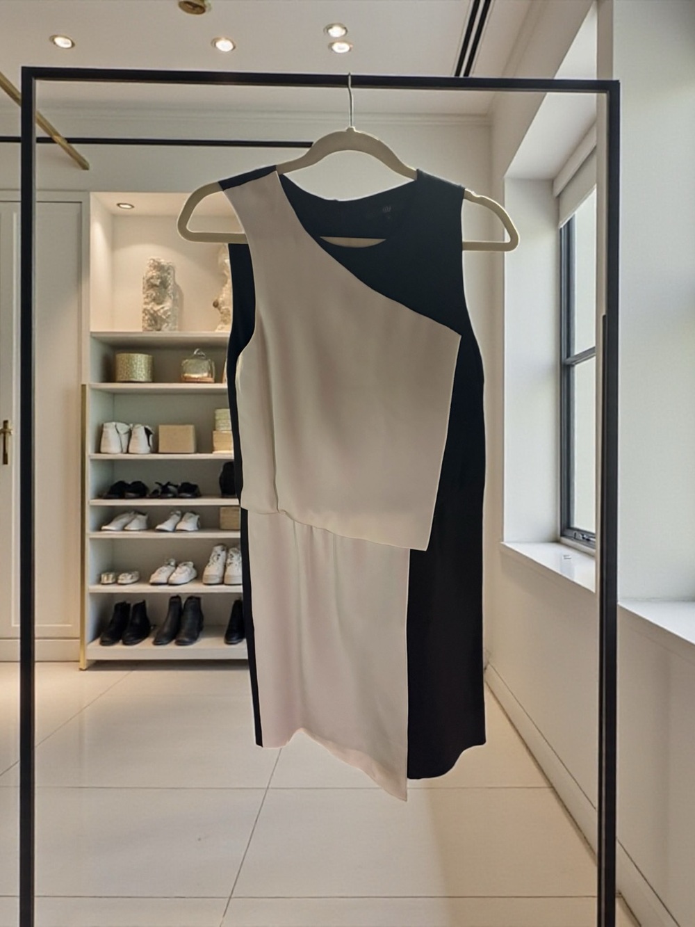 Tibi Sleeveless 100%silk Black white Asymmetrical Colorblock Dress minimalist